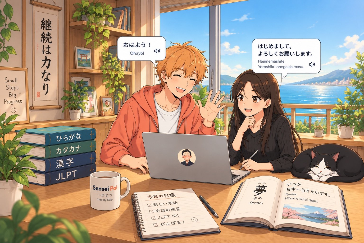 Two students practicing Japanese conversation with SenseiPal in a sunlit study overlooking the sea